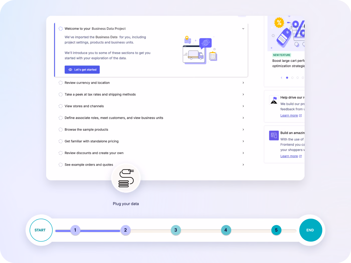Software interface with business data project setup steps and a progress bar from start to end.