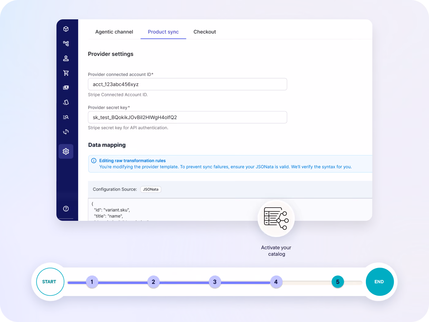 Product sync settings screen with Stripe keys and data mapping, showing progress step 5 of 6.