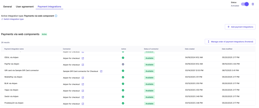 Overview of available payment integrations in the commercetools Merchant Center.
