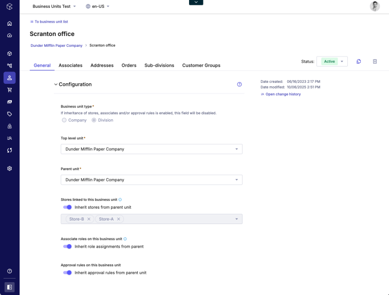 Web interface showing configuration settings for Scranton office under Dunder Mifflin Paper Company, including business unit type set to Division and options to inherit stores, roles, and approval rules from parent unit.