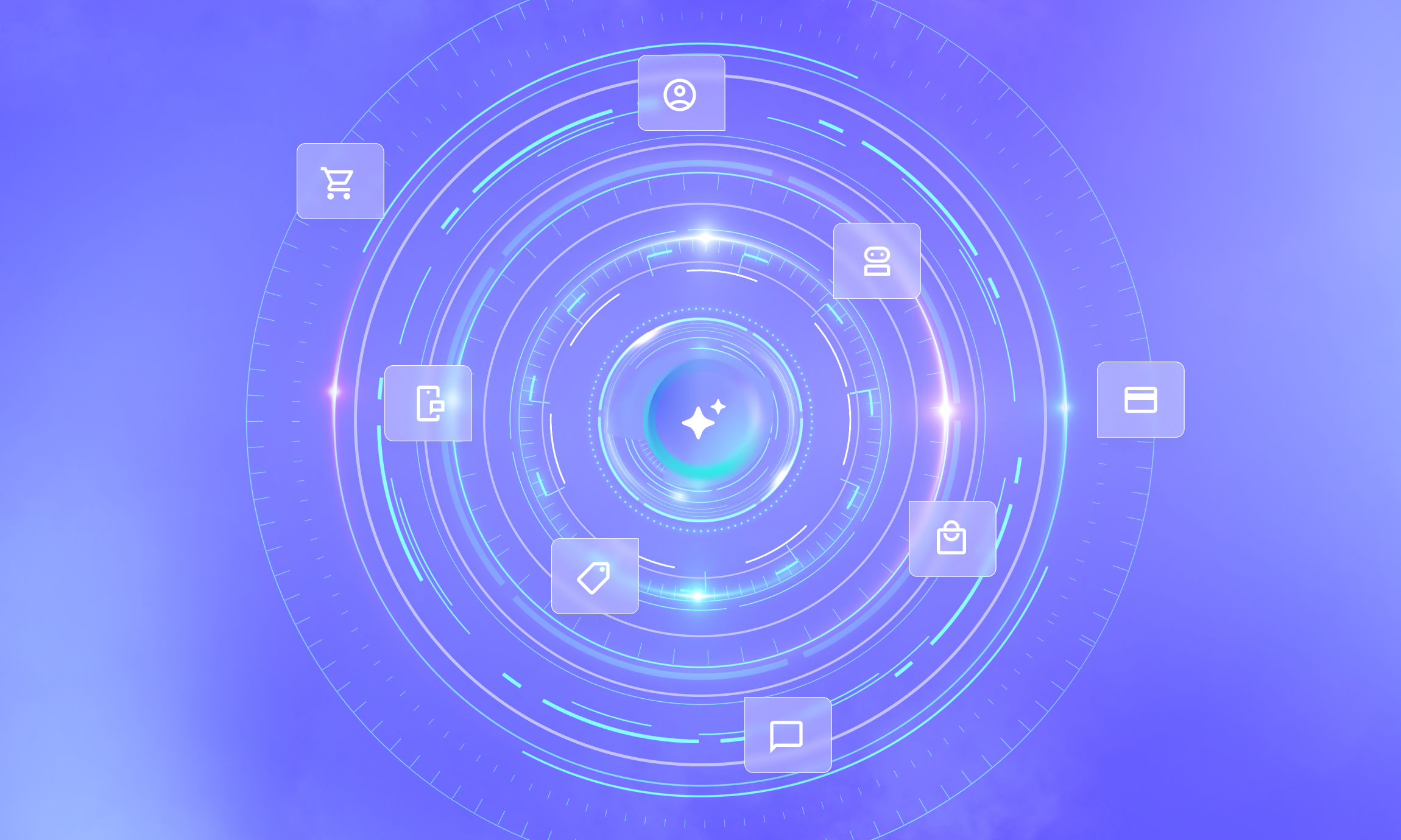 Digital circular interface with icons representing shopping cart, mobile phone, user profile, chatbot, credit card, price tag, shopping bag, and chat bubble on a blue-purple gradient background.
