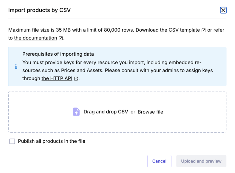 Importing product data by CSV on the commercetools Merchant Center.