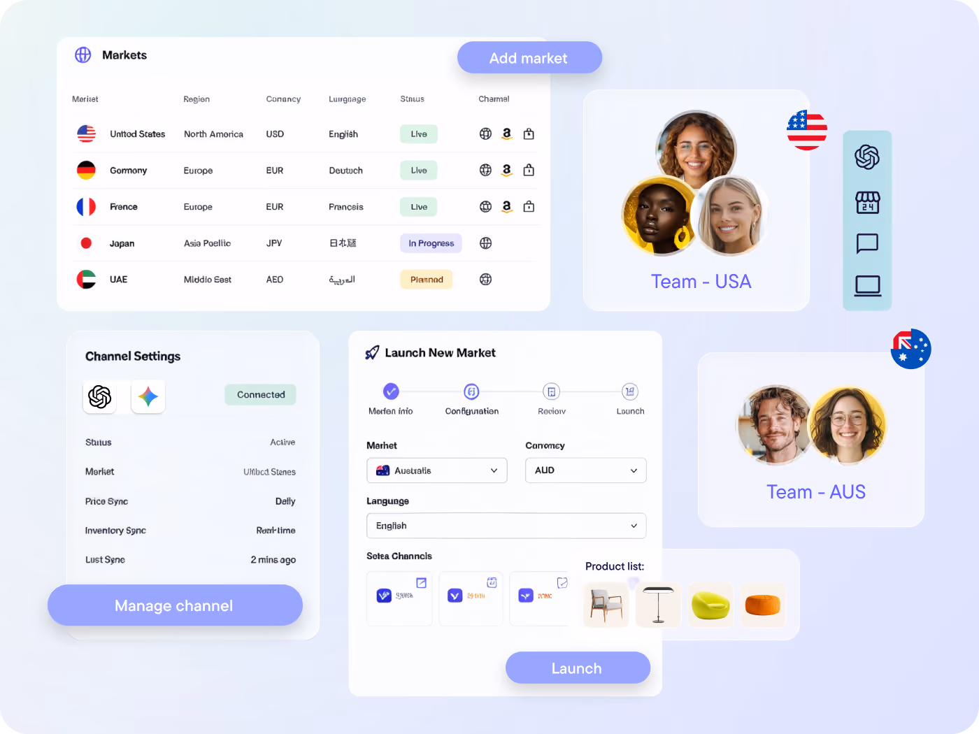 Go live in new markets, regions or sales channels faster and with less effort. Reduce duplication of work and operational overhead while managing everything through a single commerce backend.