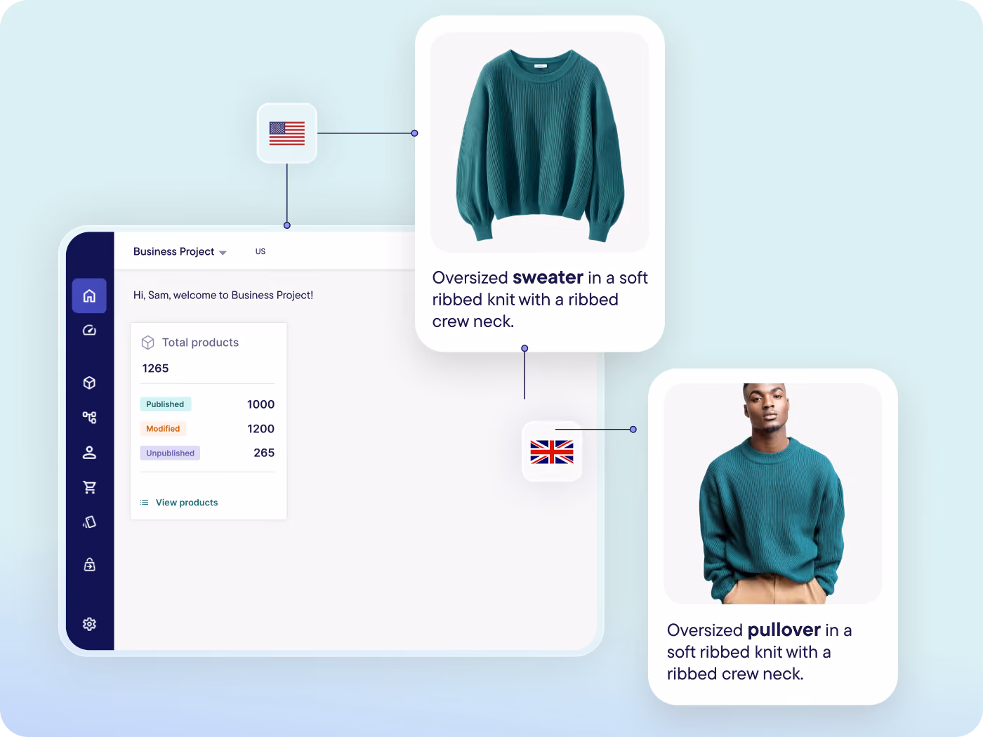 Manage localized product names, descriptions, images and attributes from a single catalog. Tailor assortments, pricing and availability by brand, region or sales channel while keeping product data centrally managed.
