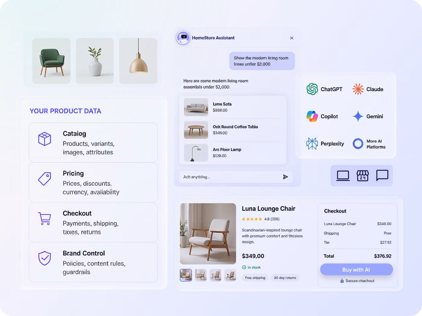 Make product catalogs, pricing and checkout data available across AI platforms, ensuring accurate, brand-controlled discovery and transactions.