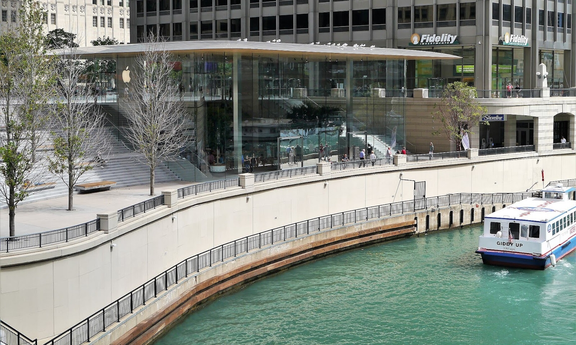 An exterior view of Chicago’s Apple Store