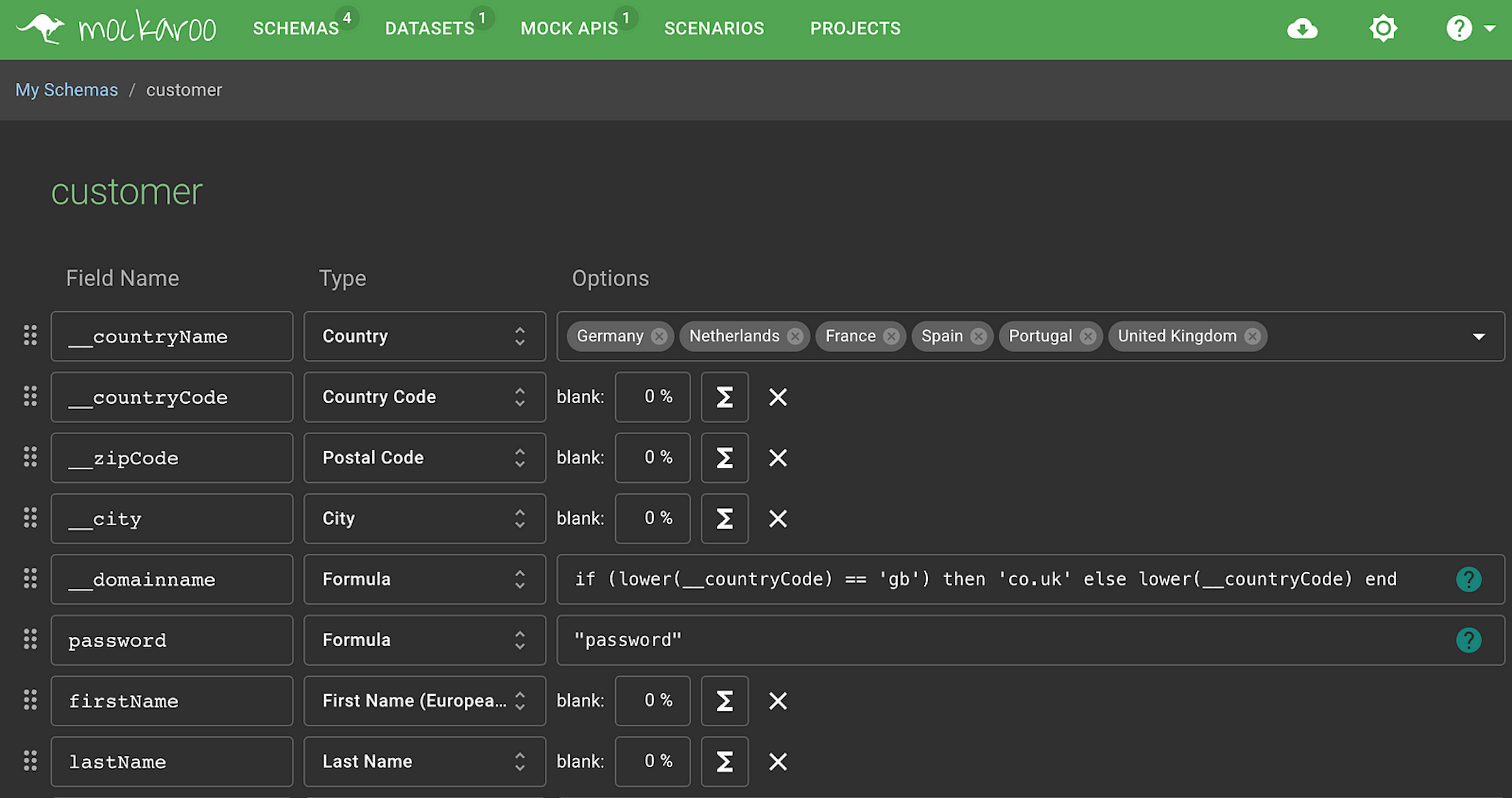 Define a schema with Mockaroo