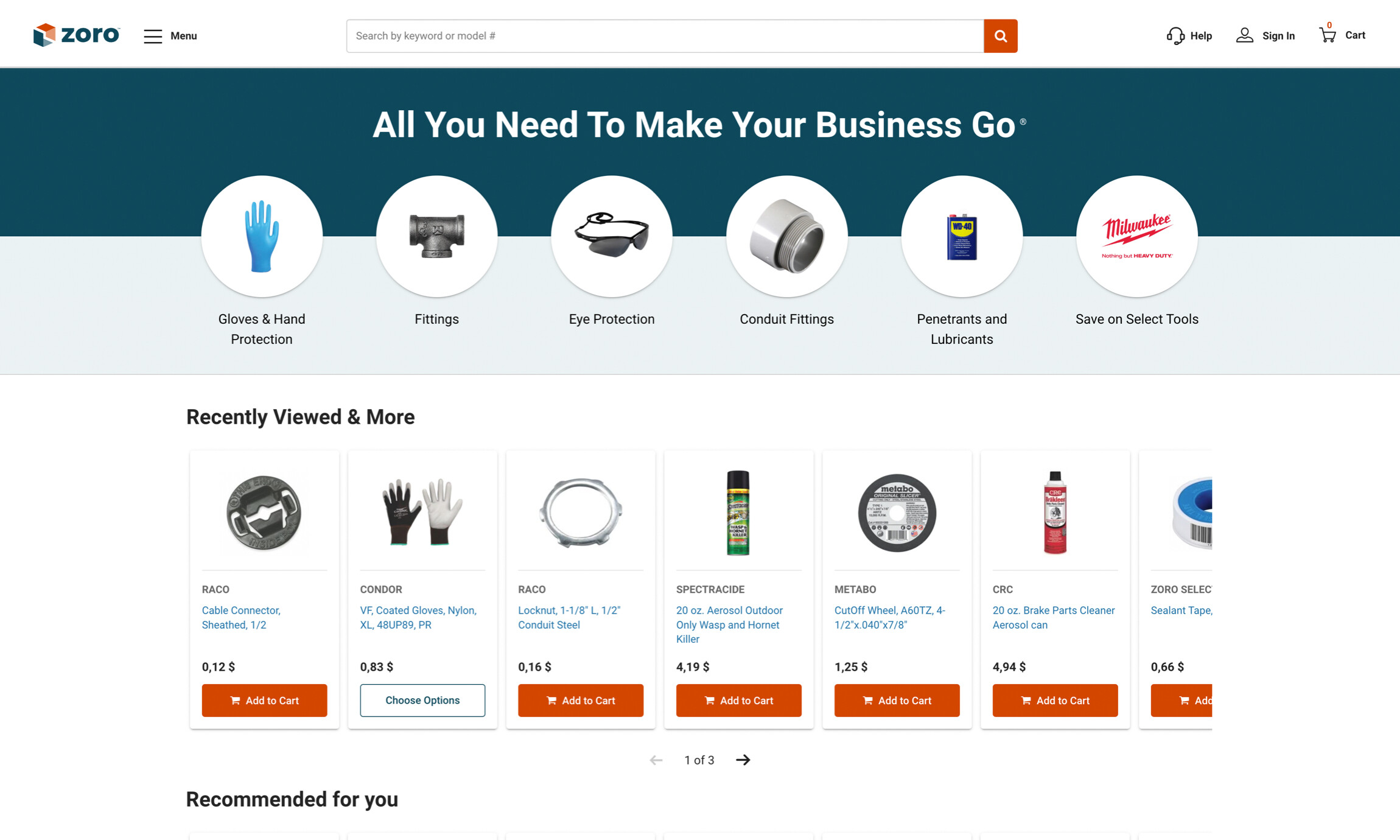 Zoro.com home page