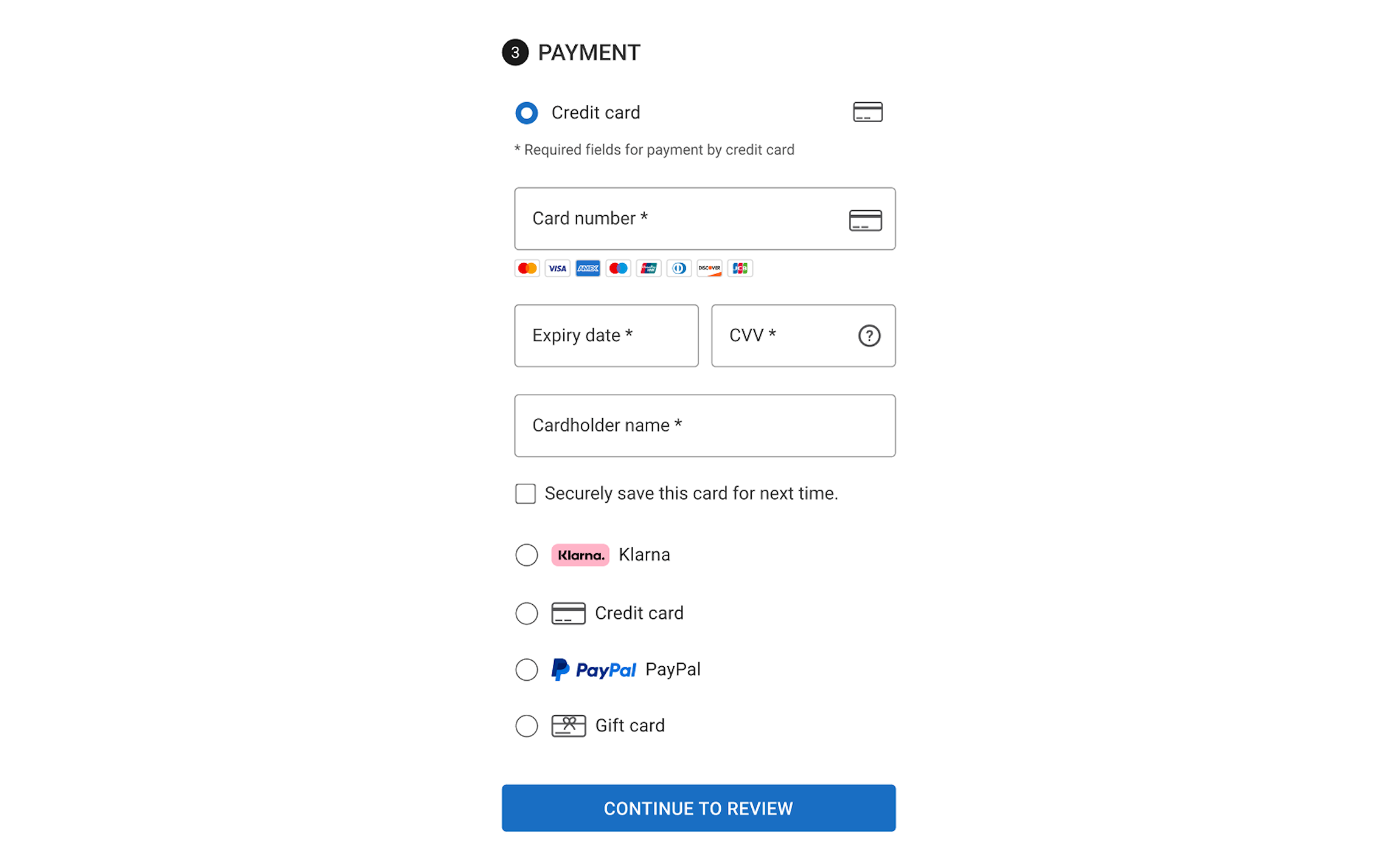 The customer’s view of stored payments available during checkout.