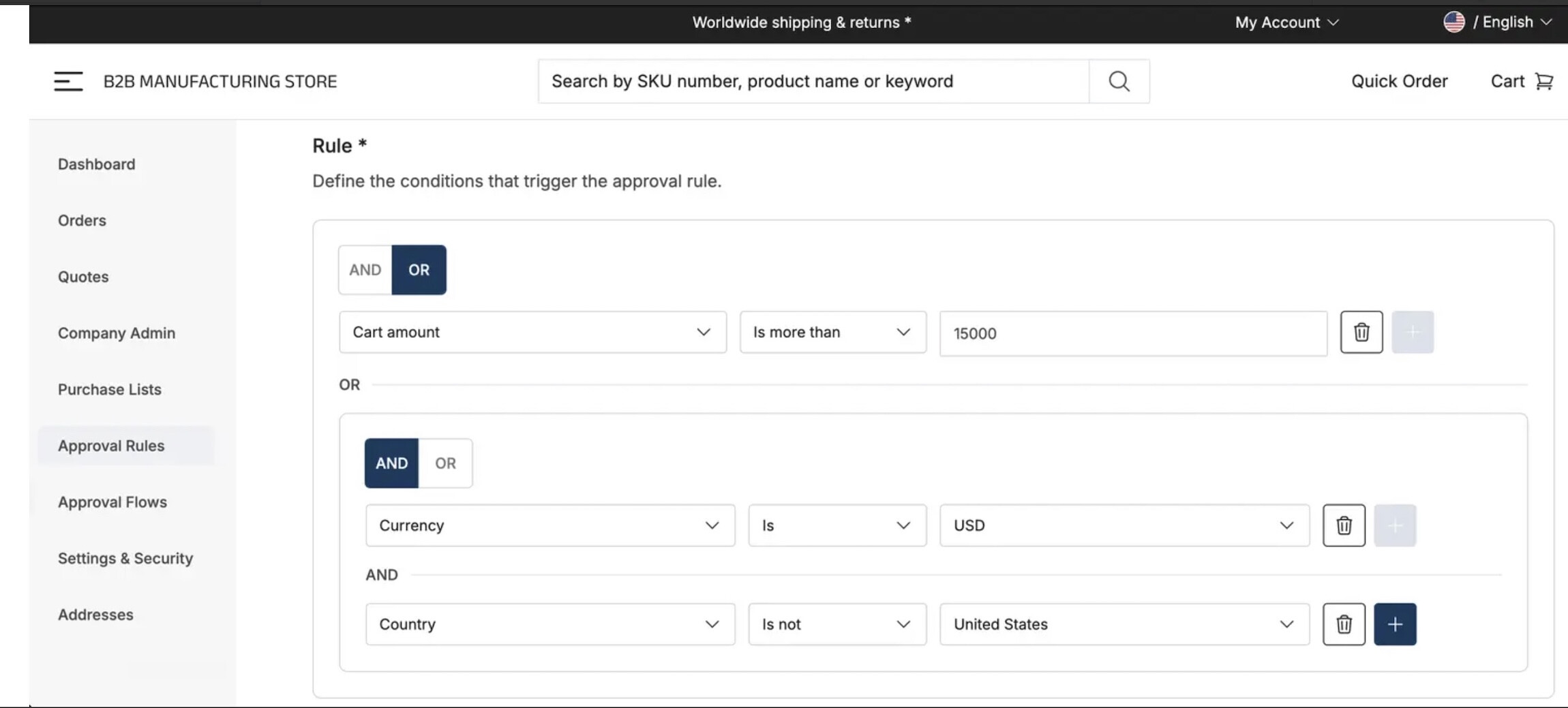 How to set up approval rules on commercetools Store Launchpad for B2B Manufacturing