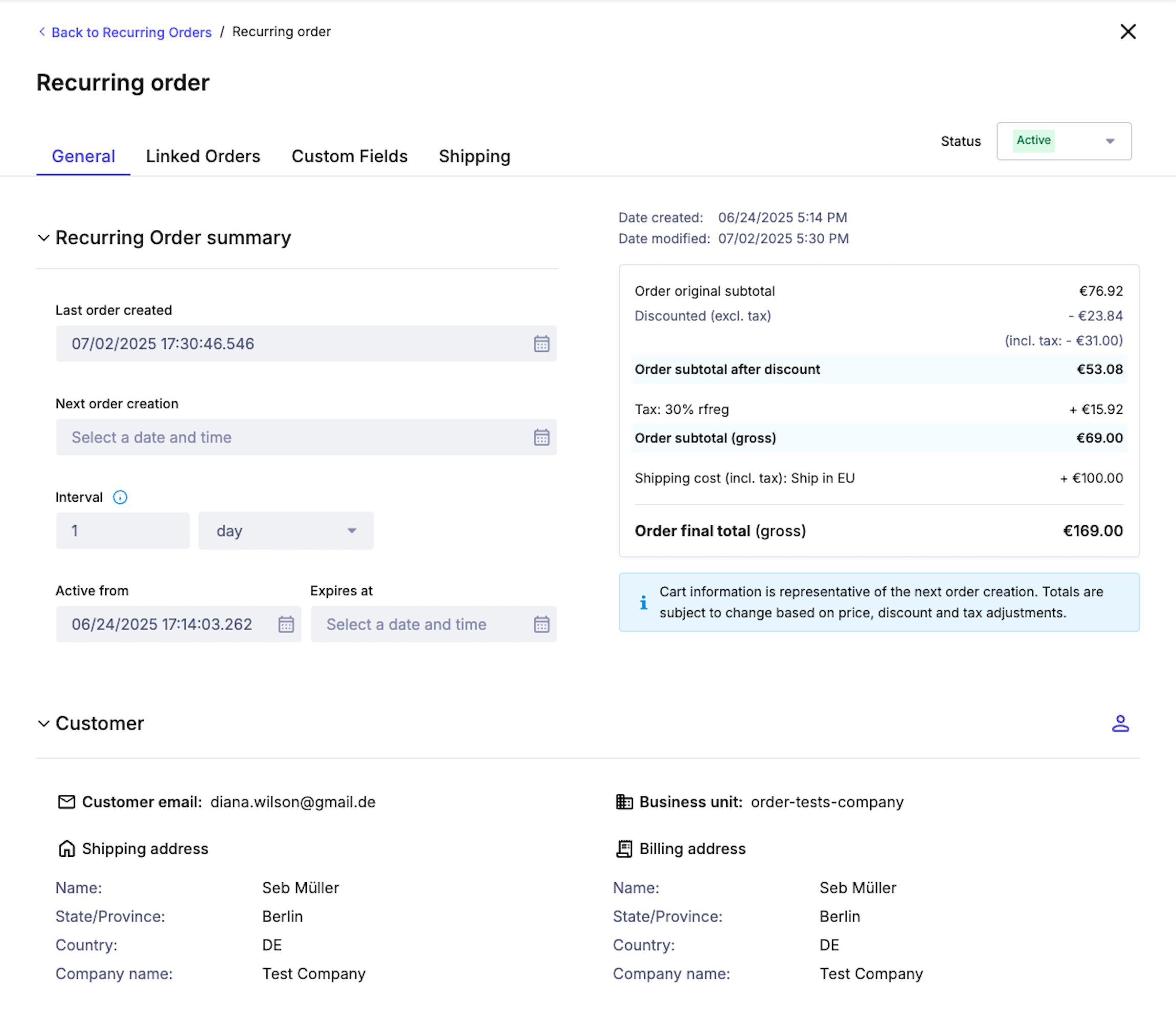 Recurring order summary for a B2B enterprise.