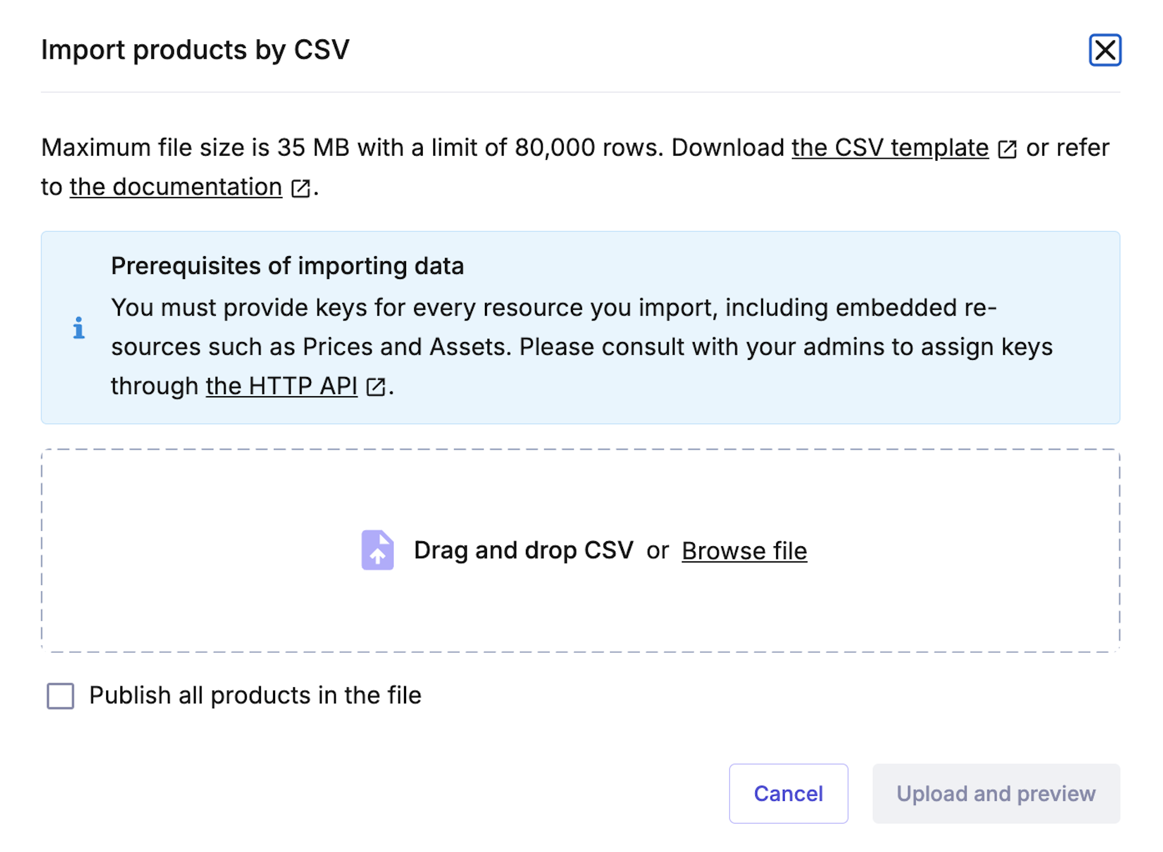 Importing product data by CSV on the commercetools Merchant Center.
