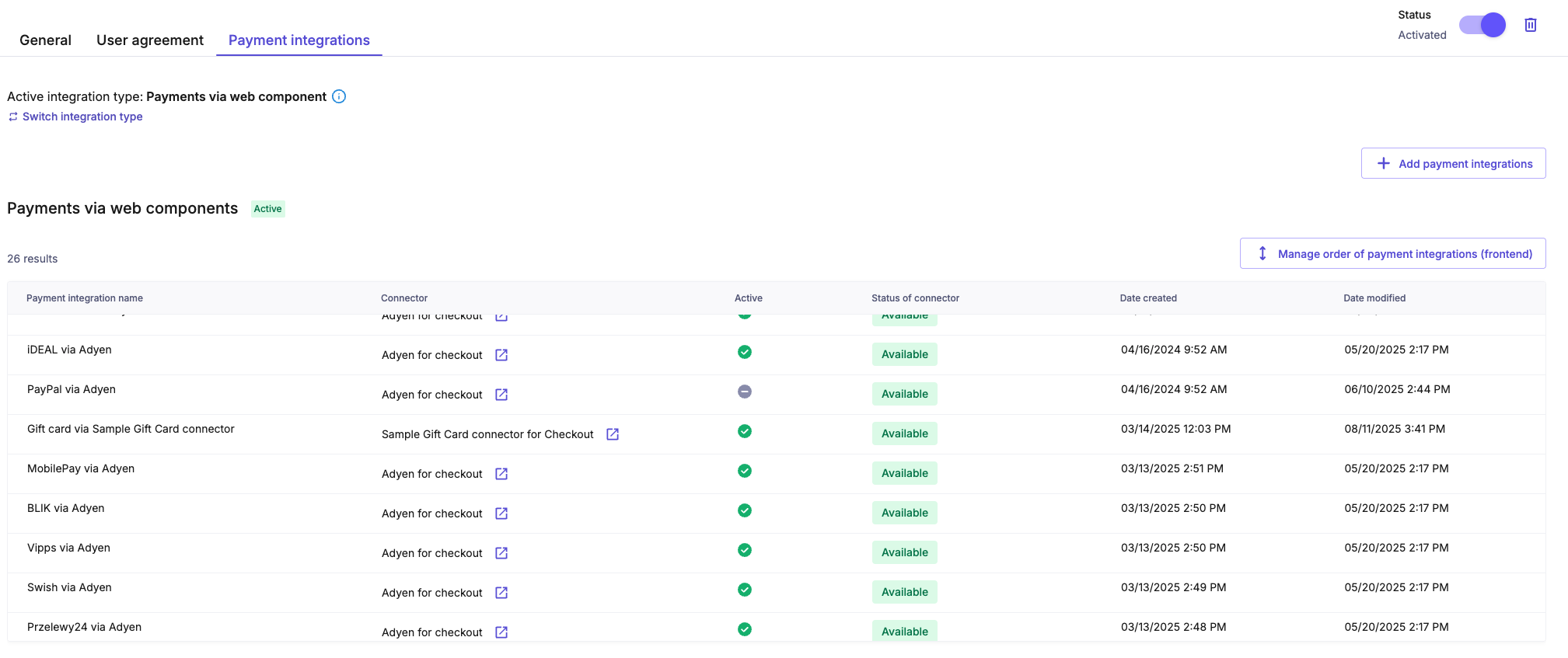 Overview of available payment integrations in the commercetools Merchant Center.