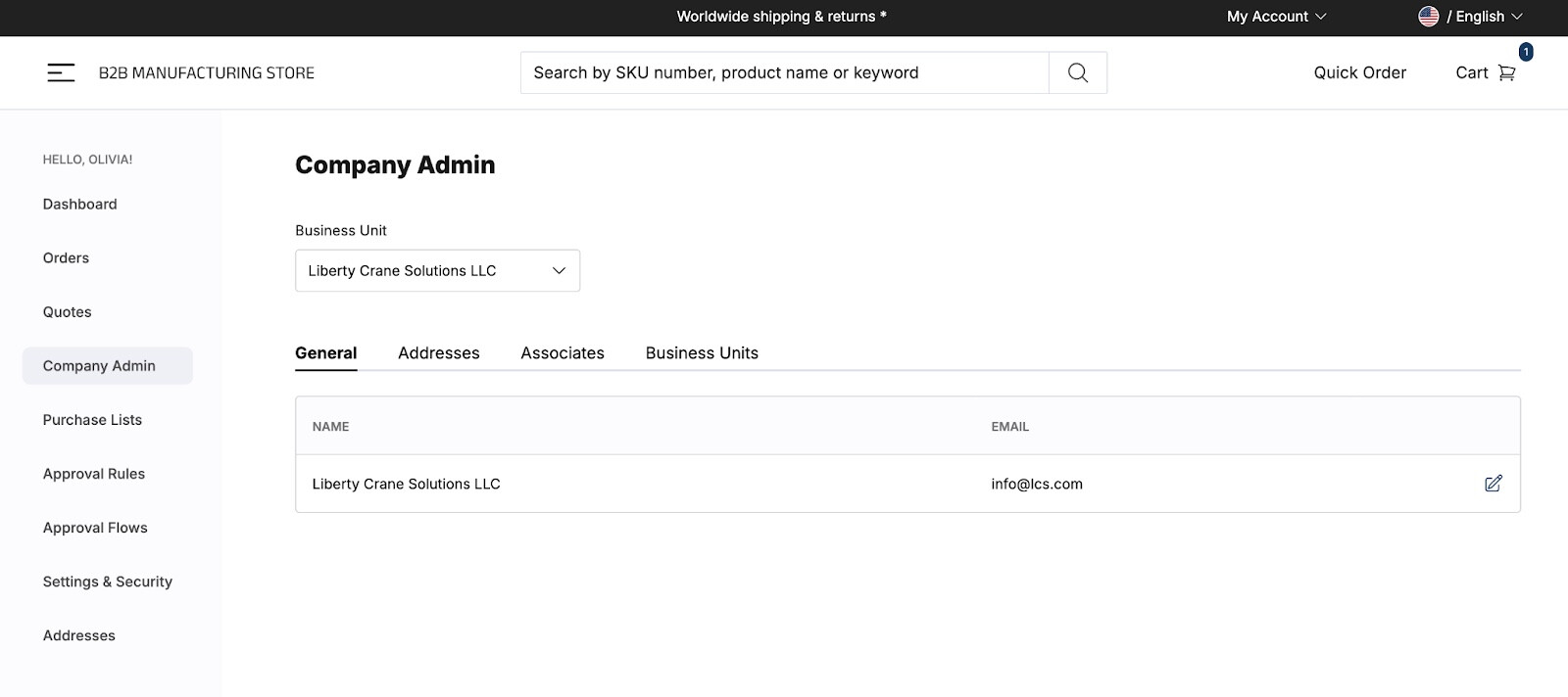 Company admin overview powered by the Store Launchpad for B2M Manufacturing.