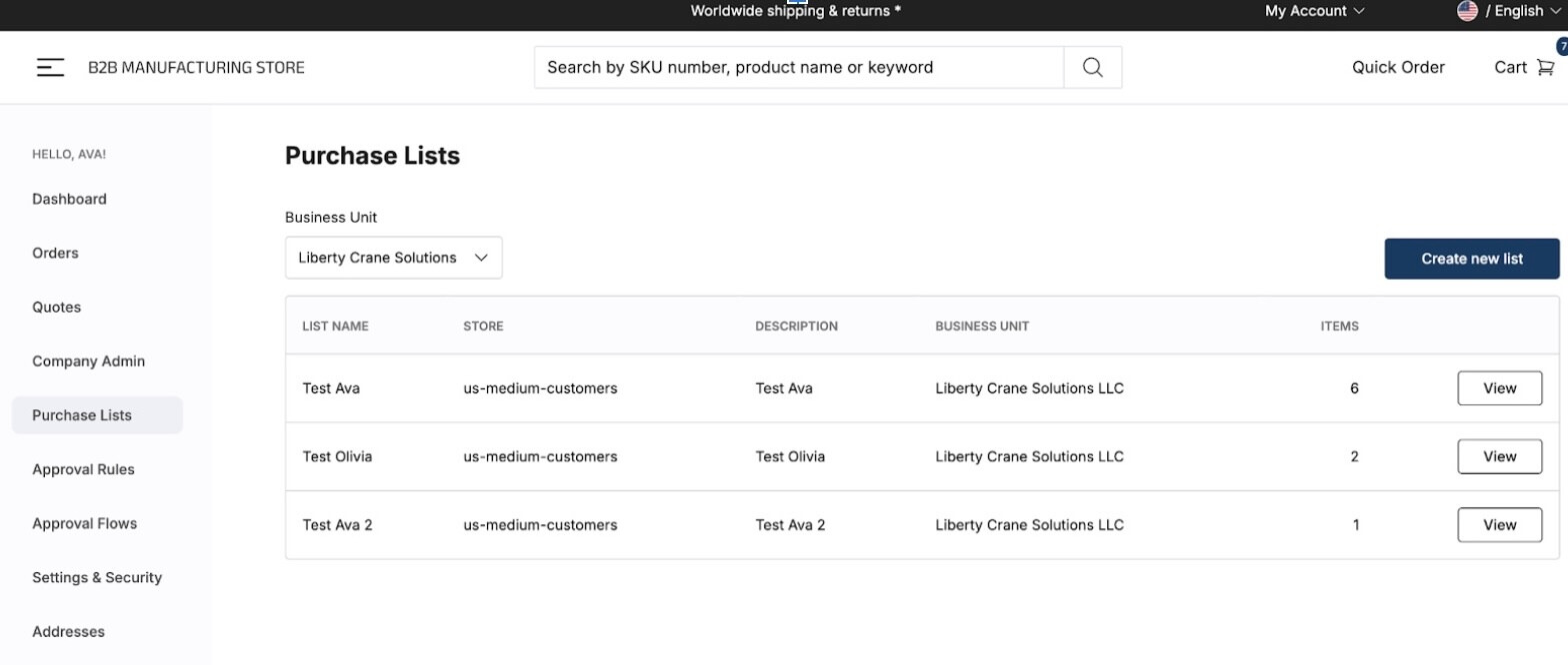 Managing Purchase Lists as part of collaborative buying with commercetools Store Launchpad for B2B Manufacturing