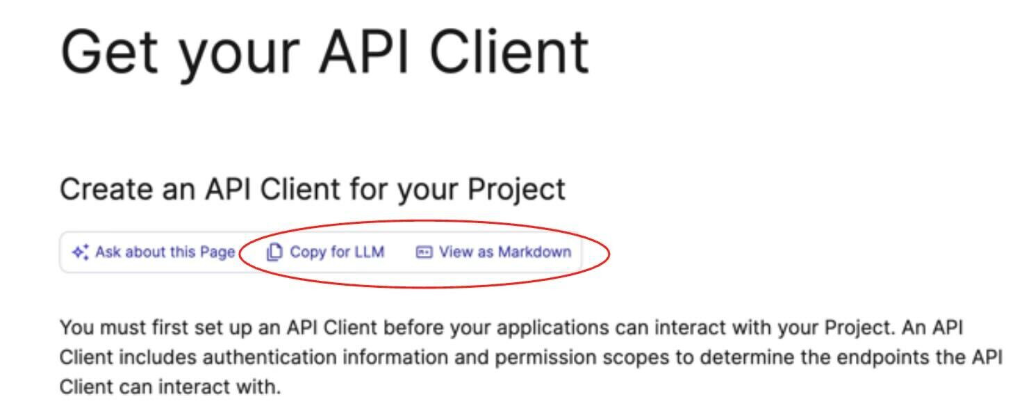 “Copy for LLM” and “View as Markdown” AI features on commercetools’ tech docs.
