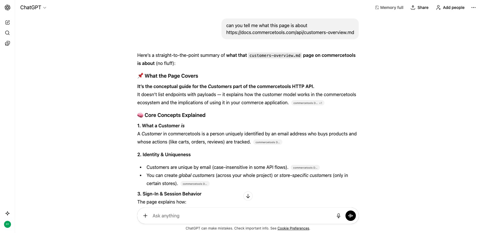 “Copy for LLM” and “View as Markdown” AI features on commercetools’ tech docs.