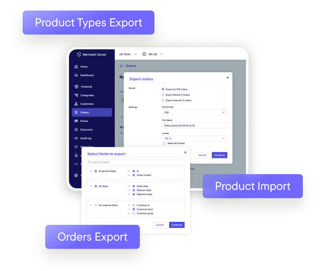 A screenshot of the commercetools data management interface, showing a user easily exporting product data to a CSV file.