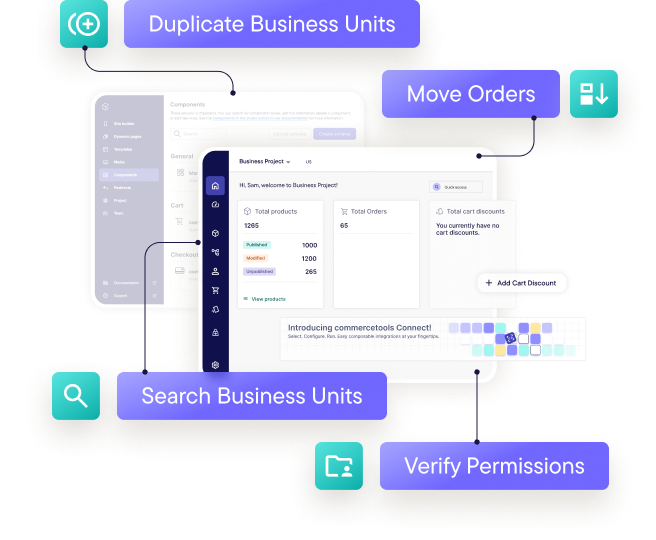 A screenshot of the B2B management tools in Merchant Center, showing features like Business Unit search and granular permissions.