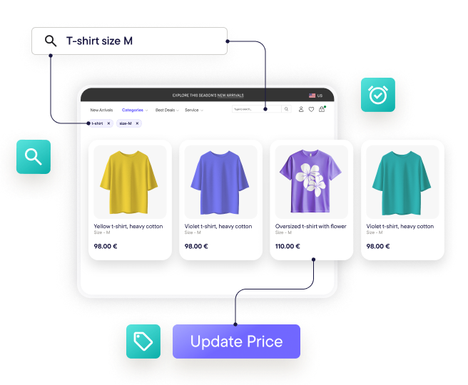 A product search results page on a website, showing a finely-tuned product display made possible by enhanced search API capabilities.