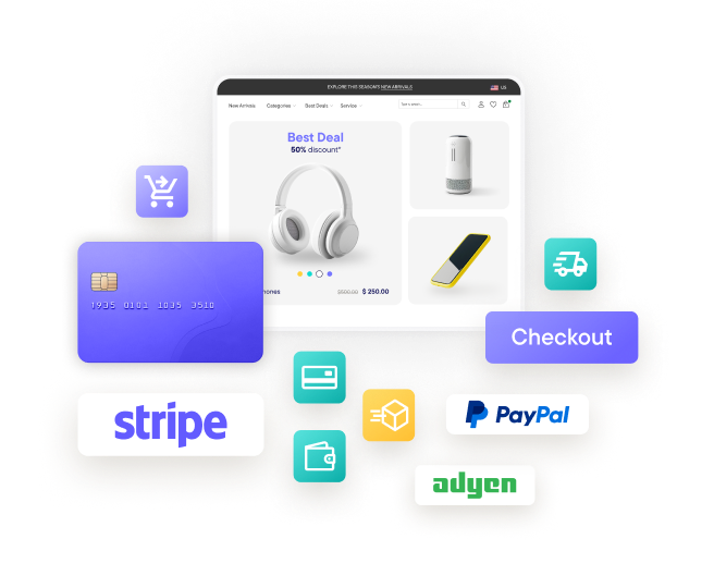 A diagram showing the commercetools Payment Hub at the center, orchestrating seamless, no-code integrations with various payment provider logos.