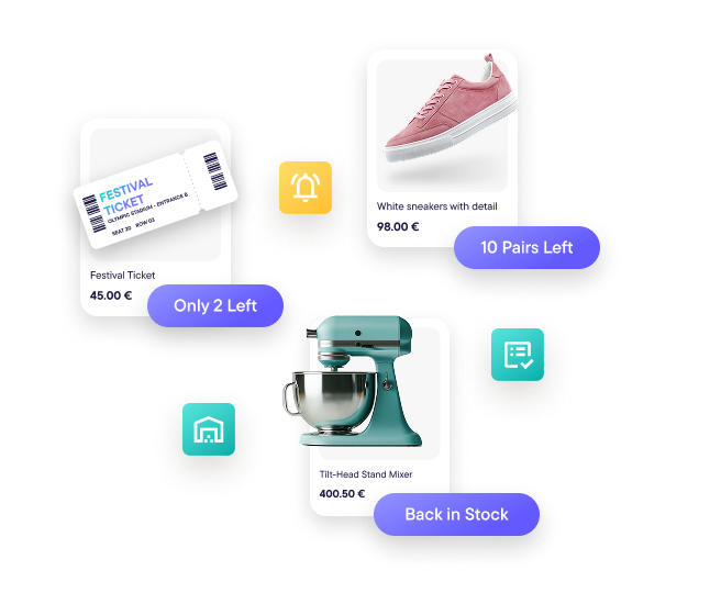 A dashboard UI showing real-time inventory levels for multiple products, with options to reserve stock and set alerts.
